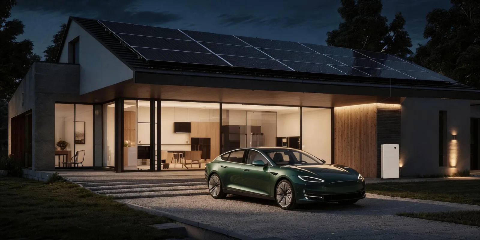 A Sigenergy SigenStor on the outside wall of a solar home at dusk, with an electric car on the driveway